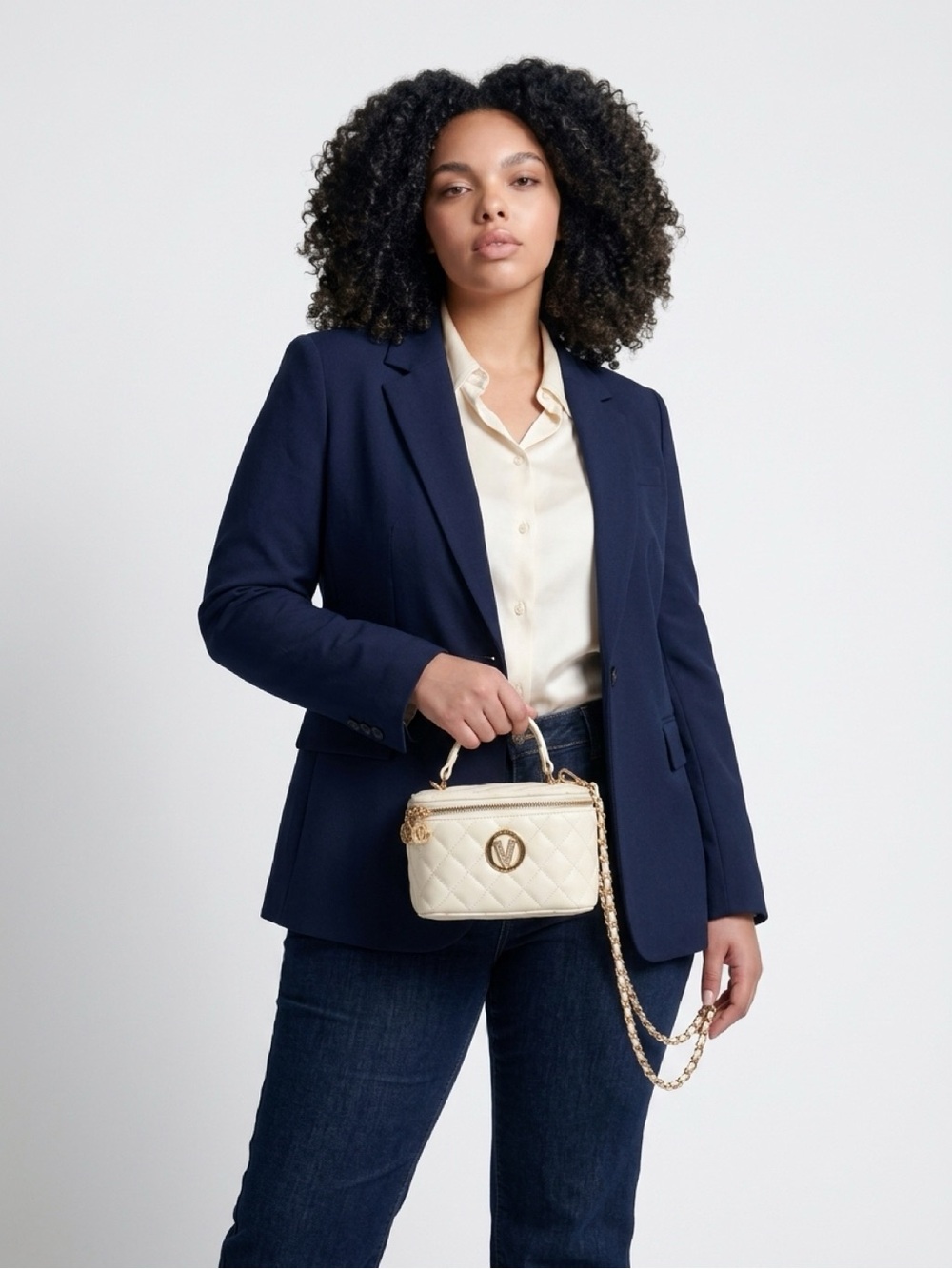 Cream Quilted Crossbody Bag with Gold Chain Strap